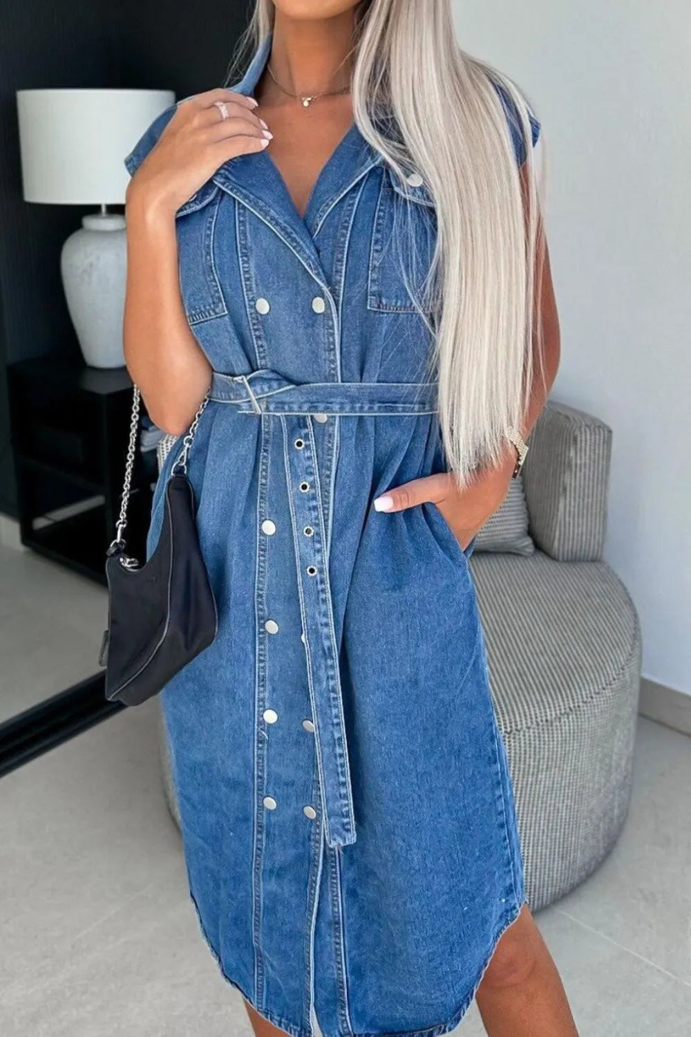 Button Front Denim Dress with Pockets - Les secrets de Cath
