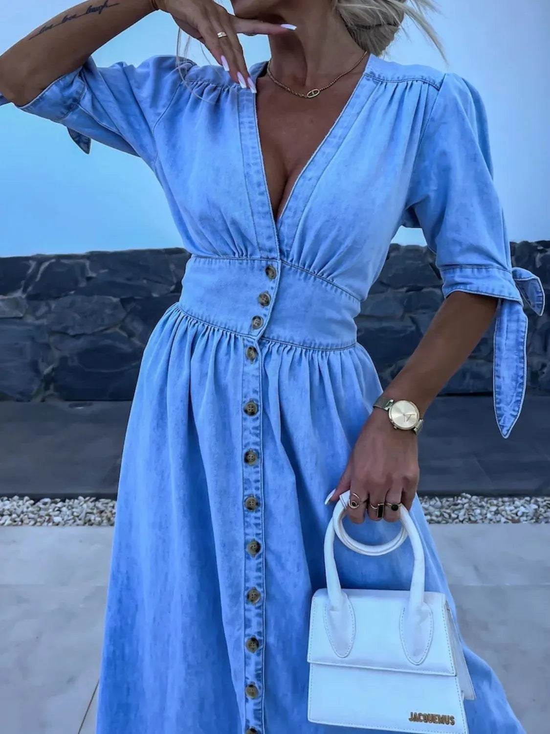 Button Front V-Neck Half Sleeve Denim Dress - Les secrets de Cath