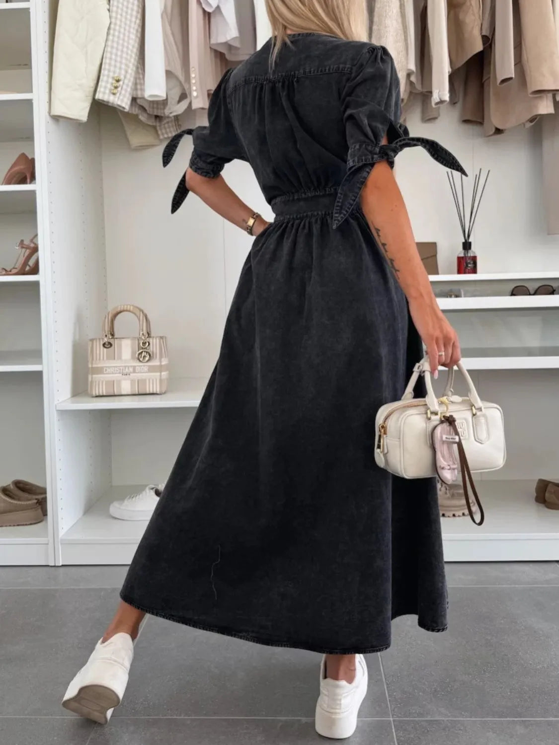 Button Front V-Neck Half Sleeve Denim Dress - Les secrets de Cath