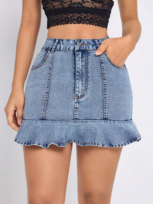 Ruffled Hem Denim Mini Skirt - Les secrets de Cath