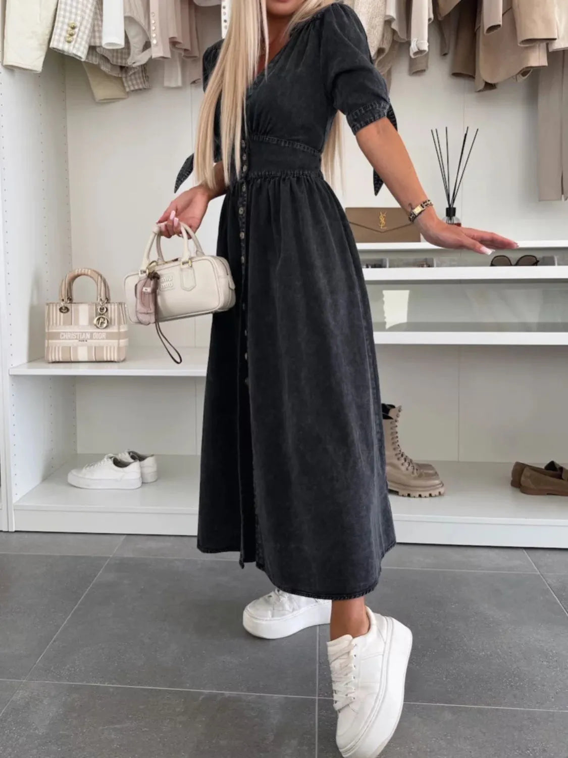 Button Front V-Neck Half Sleeve Denim Dress - Les secrets de Cath