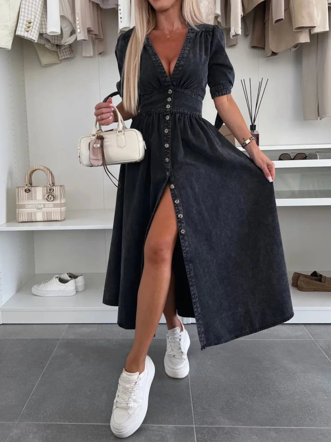 Button Front V-Neck Half Sleeve Denim Dress - Les secrets de Cath