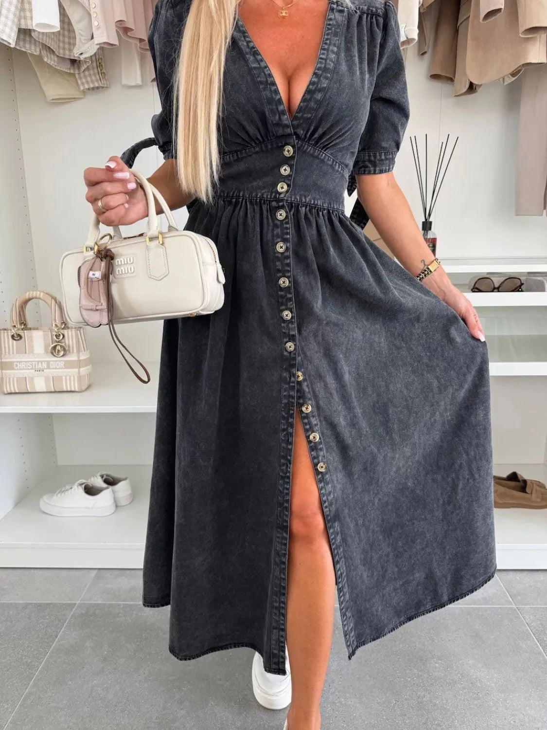 Button Front V-Neck Half Sleeve Denim Dress - Les secrets de Cath