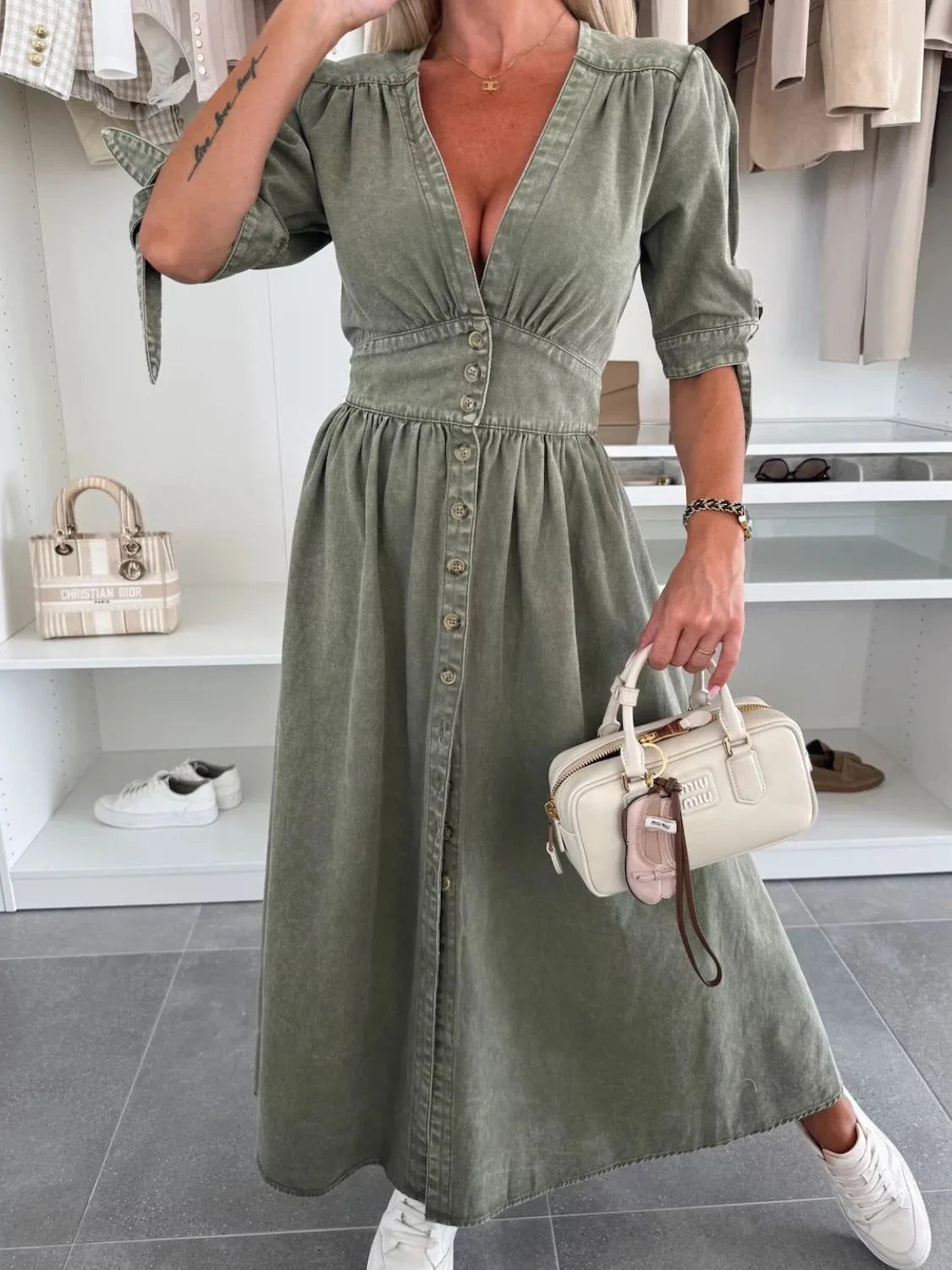 Button Front V-Neck Half Sleeve Denim Dress - Les secrets de Cath