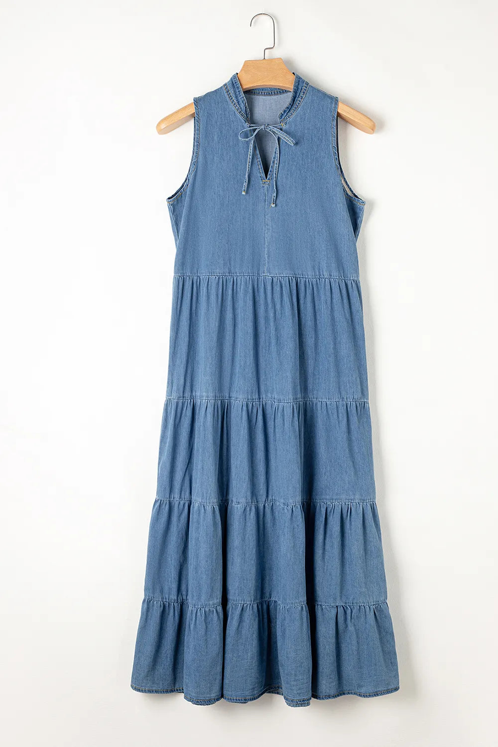 Tie Neck Tiered Maxi Denim Dress - Les secrets de Cath